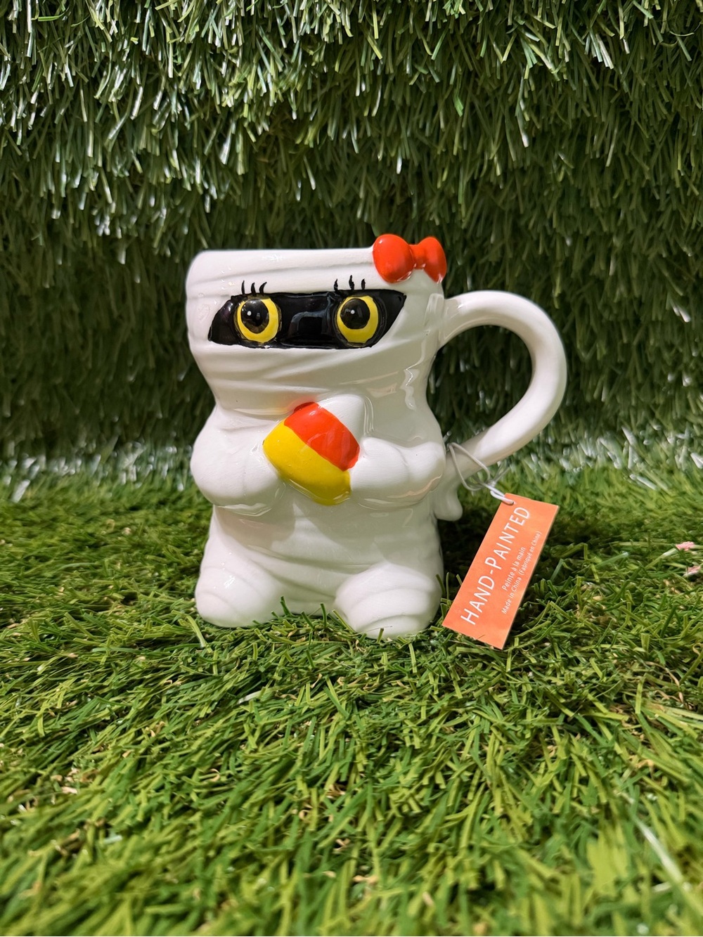 Hand-Painted White Girl Mummy Mug with Candy Corn